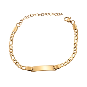Polished gold stainless steel ID plate bracelet with flat links and adjustable lobster clasp