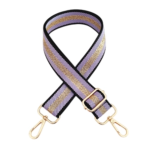 Adjustable lavender and gold striped woven bag strap with golden metal swivel hooks