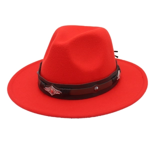 Classic red wide-brim felt fedora hat featuring a vintage leather band with silver studs