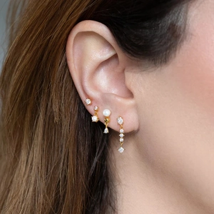 18K gold star and pearl stud earring set with zircon tassels for women's ear stacking