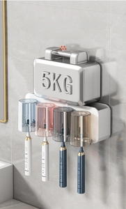 Detail of wall-mounted toothbrush holder with four cups showing 5kg load capacity