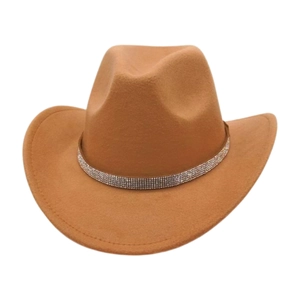 Brown wool felt western cowboy hat with wide curved brim and sparkling rhinestone band
