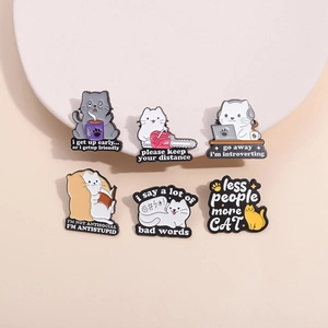 Funny introverted cat enamel pins set featuring six cartoon kittens with humor quotes