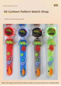 Detail of 3D dinosaur embossed patterns on colorful rubber watch straps for kids