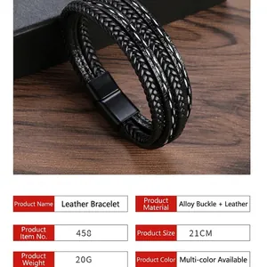 Minimalist black braided leather bracelet with black magnetic clasp for men and women