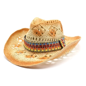 Retro woven straw cowboy hat with geometric cutouts and ethnic patterned band for summer