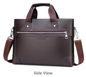 Detailed side view of dark brown pebbled leather briefcase with silver metal zipper detail