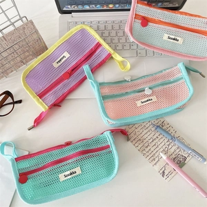 Large capacity mesh pen bag and makeup pouch with double-layer colorful contrast design