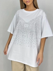Λευκό βαρύ βαμβακερό T-shirt με σχέδιο SCPHL από στρας και χαλαρή εφαρμογή
