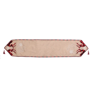 Christmas burlap table runner with reindeer silhouette, red plaid border and tassels