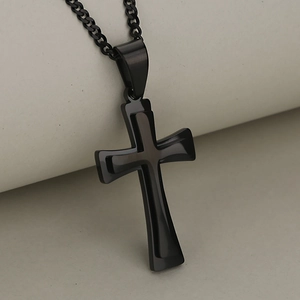Minimalist double-layered black stainless steel cross pendant necklace for men