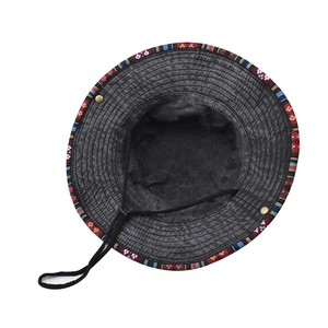 Dark grey washed cotton bucket hat with colorful bohemian trim and adjustable chin strap