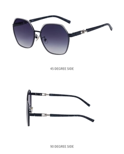 Detail views of square sunglasses with blue gradient lenses and silver temple accents