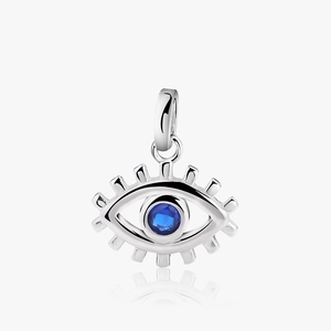 925 sterling silver evil eye pendant featuring a blue zircon and polished metal eyelashes