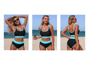 Detailed views of polka dot bikini with blue trim showing front side and back on beach