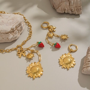 Golden sunflower and strawberry charm necklace and asymmetric earrings set in pastoral style