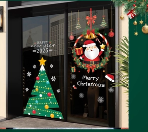 Detailed Christmas window decals featuring Santa, festive tree and 2025 New Year greetings