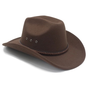 Detail of brown wool felt cowboy hat featuring woven leather band and metal eyelets