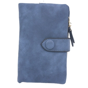 Short blue matte PU leather trifold wallet for women with snap closure and gold zipper