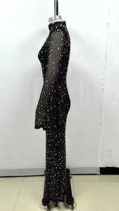 Close-up of black mesh maxi dress with silver rhinestones and sequin detailing