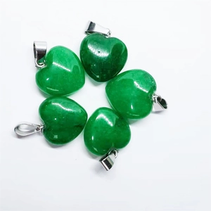 Five green natural stone heart pendants with metal clasps arranged on white background