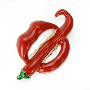 Creative red lips and chili pepper alloy enamel brooch accessory on white background