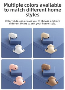 Dettaglio paraspigoli in silicone per bambini a forma di cucciolo in quattro colori
