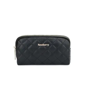 Women's long black quilted wallet with double zippers and elegant Baellerry gold logo