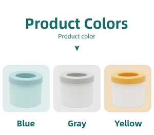 Detailed view of the mini silicone ice cube bucket available in blue, grey, and yellow