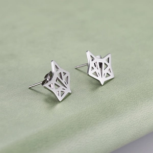 Minimalist stainless steel fox head stud earrings with a hollow geometric design in silver