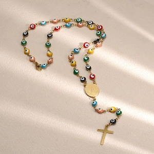 Stainless Steel Ethnic Religious Evil Eye Necklace Gold Plated Colorful Enamel Beads Cross Virgin Mary Pendant Jewelry For Men Women