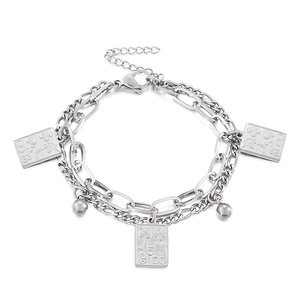 Double-layer stainless steel chain bracelet with rectangular poker pendants and steel beads