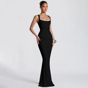 Detail of slim fit black floor-length maxi dress with ruched design and U-neckline