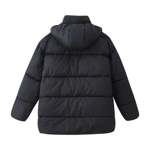 Back view of black hooded quilted padded jacket in a loose casual oversized fit