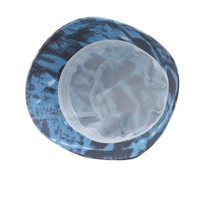 Detailed interior view of camouflage tie-dye bucket hat showing white fabric lining and stitching