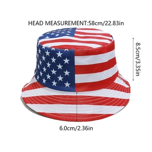 Detailed size chart of American flag bucket hat with head circumference and brim dimensions
