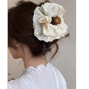 Elegant French lace embroidery large hair claw clip in beige for women's hair styling