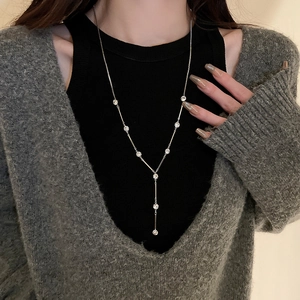 Y-Shaped Necklace Alloy Rhinestone Long Tassel Chain Sweater Accessory Elegant Minimalist Fashion Jewelry For Women