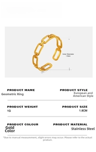 Macro detail of gold geometric chain ring in stainless steel with 1.8cm diameter specifications