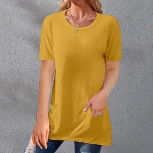 Women's loose short sleeve round neck long T-shirt in bright yellow with side pockets