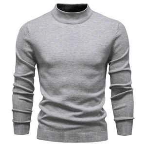 Men's slim-fit turtleneck sweater in grey thick knit fabric with ribbed cuffs