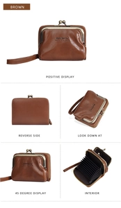 Detailed view of brown litchi pattern leather wallet with interior accordion card slots