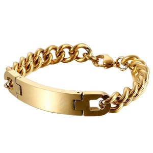 Mens gold stainless steel curb chain bracelet with brushed finish rectangular ID bar tag