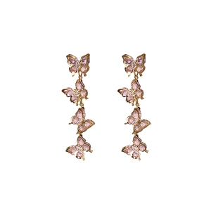 Elegant gold-plated drop earrings featuring four stacked pink crystal butterflies