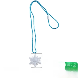 Blue cord necklace with snowflake pendant and dimensions including 33-inch length
