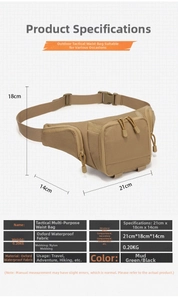 Tactical waist bag detail showing dimensions 21x18x14cm and tan waterproof oxford fabric