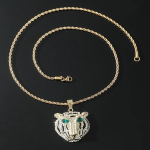 Hip hop lion head necklace with green eyes and sparkling crystal stones in gold finish