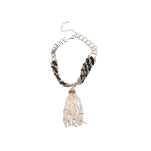 Elegant pearl fringe necklace with black beads and rhinestone accents on a white background