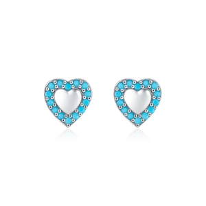 S925 sterling silver heart stud earrings with turquoise stones on white background