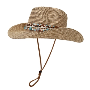 Bohemian straw cowboy sun hat with seashell charms and adjustable chin strap